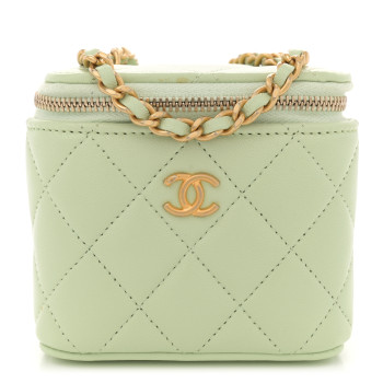CHANEL Lambskin Quilted Pearl Crush Mini Vanity Case With Chain Light Green
