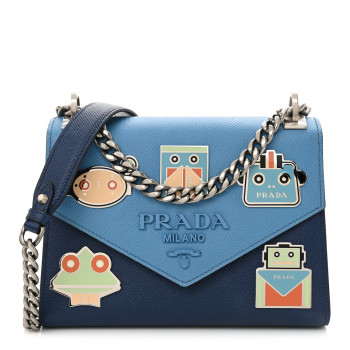 PRADA Saffiano Cuir Calfskin Monochrome Robot Patches Envelope Flap Chain Shoulder Bag Blue