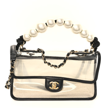 CHANEL Lambskin PVC Sand By The Sea Flap With Pearl Strap Black