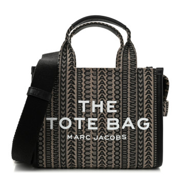 MARC JACOBS Cotton Jacquard Monogram Mini The Traveler Tote Bag Beige Multicolor