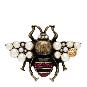 GUCCI Metal Crystal Pearl Bee Ring 54 7 Aged Gold