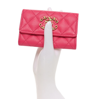 CHANEL Caviar Quilted Chain CC Flap Card Holder Dark Pink