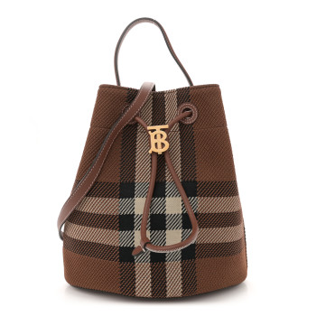 BURBERRY Knitted Check Calfskin TB Small Drawstring Bucket Bag Dark Birch Brown