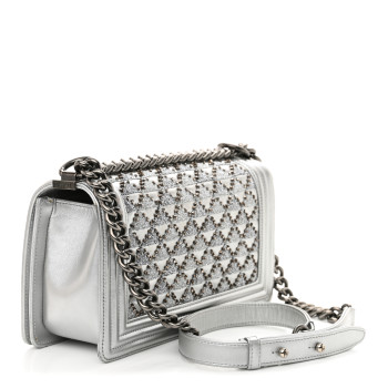 CHANEL Metallic Lambskin Embellished Medium Boy Flap Silver