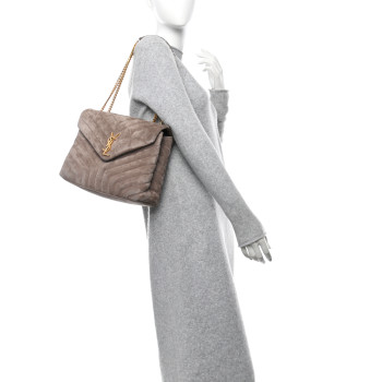 SAINT LAURENT Suede Y Quilted Monogram Medium Loulou Chain Satchel Taupe