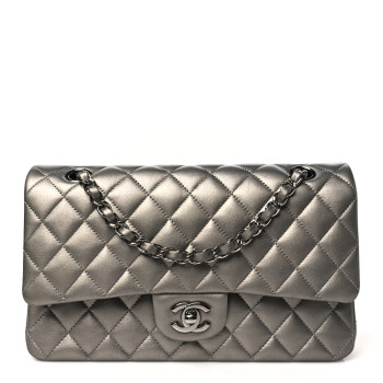 CHANEL Metallic Calfskin Quilted Medium Double Flap Ruthenium
