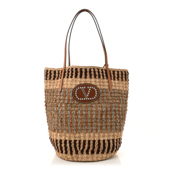 VALENTINO GARAVANI Raffia Nappa Medium Vlogo Signature Crochet Bucket Bag Beige Multicolor