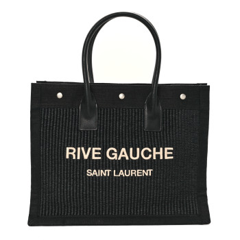 SAINT LAURENT Raffia Linen Calfskin Rive Gauche Tote Black