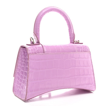 BALENCIAGA Shiny Calfskin Crocodile Embossed Hourglass Top Handle Bag XS Lilac