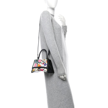 BALENCIAGA X GUCCI Canvas Boarded Plutone Calfskin Flora Logo Print Small Hourglass Top Handle Bag White Multicolor Black