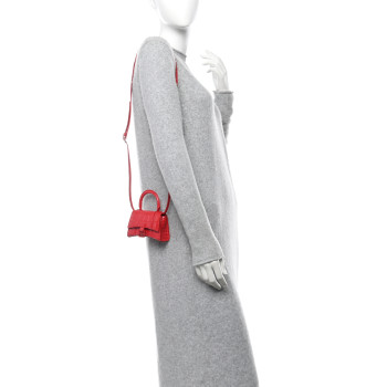 BALENCIAGA Shiny Calfskin Tonal B Crocodile Embossed Hourglass Top Handle Bag Mini Bright Red
