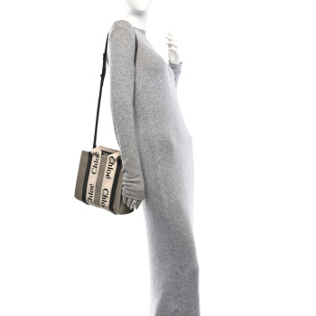 CHLOE Cotton Calfskin Small Woody Ribbon Tote With Strap White Navy