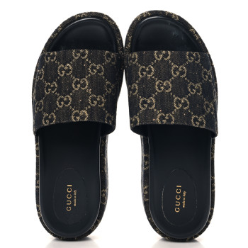 GUCCI Jacquard Black Denim GG Monogram Angelina Platform 55mm Slide Sandals 39 Black Ivory