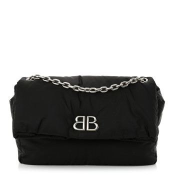 BALENCIAGA Nylon Medium Monaco Chain Shoulder Bag Black