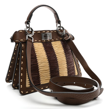 FENDI Cuoio Romano Raffia Woven Petite Peekaboo I SEE U Satchel Natural Gianduia