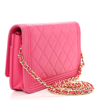 CHANEL Lambskin Quilted Boy Wallet On Chain WOC Dark Pink