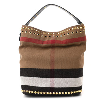 BURBERRY Canvas Mega Check Studded Medium Ashby Bucket Bag Black