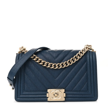 CHANEL Iridescent Caviar Chevron Quilted Medium Boy Flap Blue