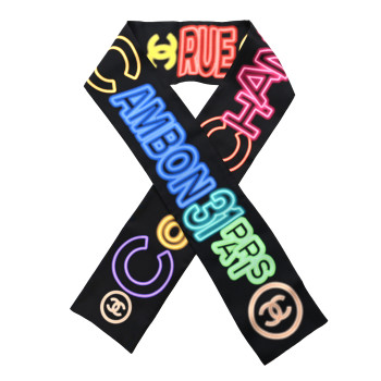 CHANEL Silk Neon CC Bandeau Scarf Black Multicolor