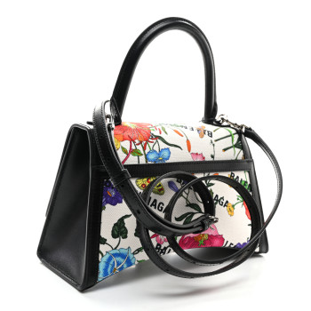 BALENCIAGA X GUCCI Canvas Boarded Plutone Calfskin Flora Logo Print Small Hourglass Top Handle Bag White Multicolor Black