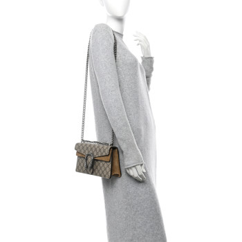 GUCCI GG Supreme Monogram Suede Crystal Small Dionysus Shoulder Bag Beige Ebony Taupe