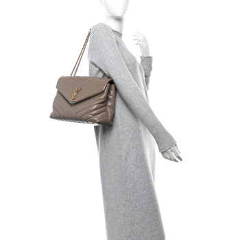 SAINT LAURENT Calfskin Y Quilted Monogram Medium Loulou Chain Satchel Taupe