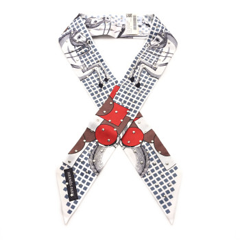 HERMES Silk Cavalier en Formes Studded Twilly White Gris Brun