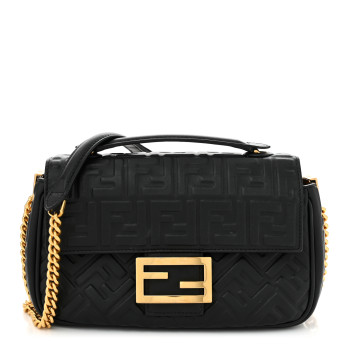 FENDI Nappa Small FF Embossed Mid Chain Baguette Black