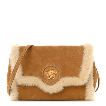 VERSACE Suede Shearling La Medusa Crossbody Bag Tan White