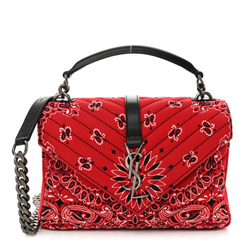 SAINT LAURENT Canvas Bandana Matelasse Chevron Medium College Bag Red