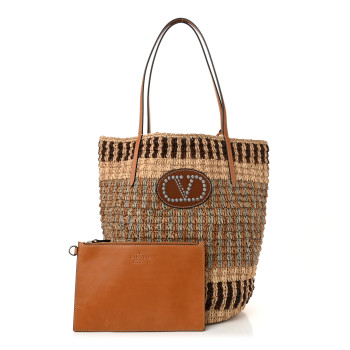 VALENTINO GARAVANI Raffia Nappa Medium Vlogo Signature Crochet Bucket Bag Beige Multicolor