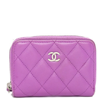 CHANEL Lambskin Quilted Zip Around Coin Purse Wallet Purple