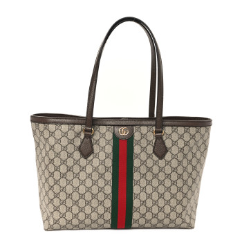 GUCCI GG Supreme Monogram Textured Calfskin Web Medium Ophidia Shopping Tote Beige Ebony New Acero