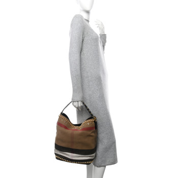 BURBERRY Canvas Mega Check Studded Medium Ashby Bucket Bag Black