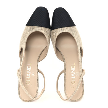 CHANEL Fabric Grosgrain Cap Toe CC Slingback Pumps 37 Dark Beige Black CHANEL Fabric Grosgrain Cap Toe CC Slingback Pumps 37 Dark Beige Black