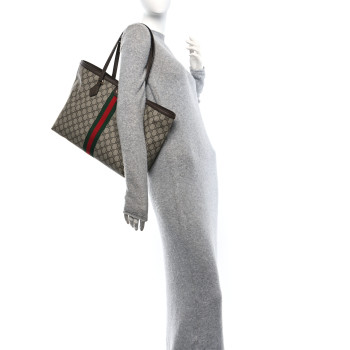 GUCCI GG Supreme Monogram Textured Calfskin Web Medium Ophidia Shopping Tote Beige Ebony New Acero