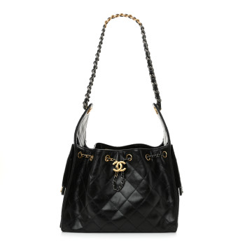 CHANEL Shiny Crumpled Calfskin Quilted Small Chanel 25 Handbag Black