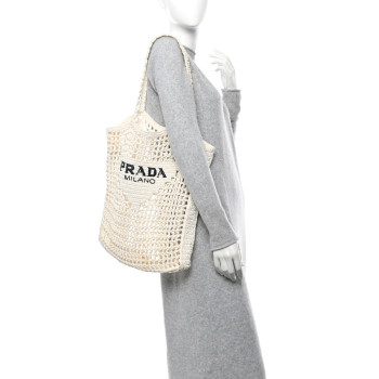 PRADA Yarn Raffia Effect Crochet Logo Embroidered Tote Bag White