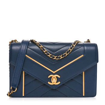 CHANEL Lambskin Reversed Chevron Quilted Small Flap Navy