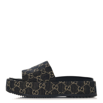 GUCCI Jacquard Black Denim GG Monogram Angelina Platform 55mm Slide Sandals 39 Black Ivory
