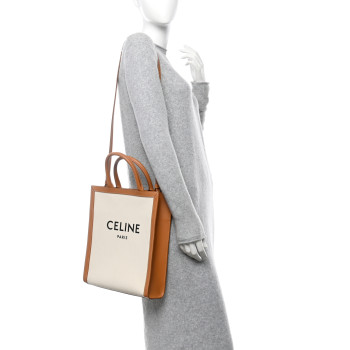 CELINE Canvas Calfskin Logo Print Small Vertical Cabas Natural Tan