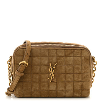 SAINT LAURENT Suede Calfskin Mini Quilted Monogram Camera Bag Golden Leaf