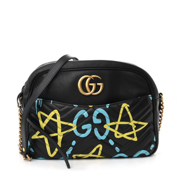 GUCCI Calfskin Matelasse GucciGhost Medium GG Marmont Chain Shoulder Bag Black New Acquamarine