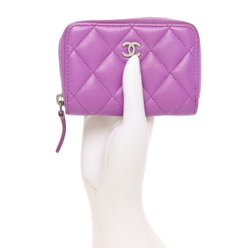 CHANEL Lambskin Quilted Zip Around Coin Purse Wallet Purple