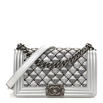 CHANEL Metallic Lambskin Embellished Medium Boy Flap Silver