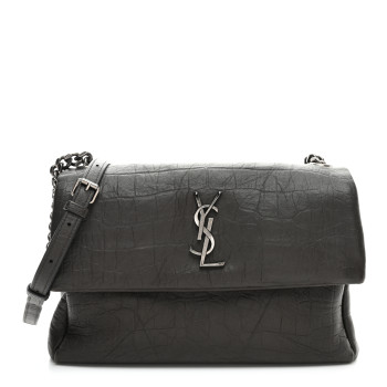 SAINT LAURENT Calfskin Crocodile Embossed Medium West Hollywood Monogram Fold-Over Grey