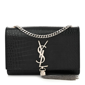 SAINT LAURENT Calfskin Crocodile Embossed Small Classic Monogram Kate Tassel Satchel Black