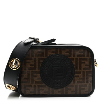 FENDI Glazed Fabric Vitello Century F is Fendi FF 1974 Stamp Patch Camera Case Mogano Panna Black