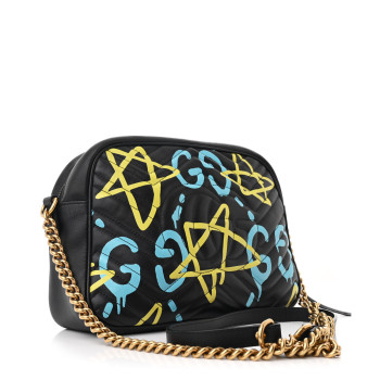 GUCCI Calfskin Matelasse GucciGhost Medium GG Marmont Chain Shoulder Bag Black New Acquamarine