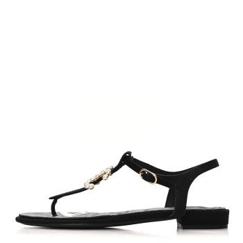 CHANEL Suede Pearl Crystal CC Thong Sandals 40 Black